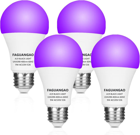 FAGUANGAO LED Black Light Bulb,9W(75Watt Equivalent) A19 UV Blacklight Bulb,120V,UVA Level 390-400nm,E26 Medium Base,Glow in The Dark for Blacklig...