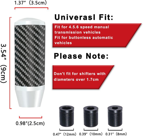 3.5 Inch/9cm Silver Carbon Fiber Shift Knob Aluminum Alloy Weighted Shift Knob Automatic Shift Knob with 8/10/12mm Adapter fit for Manual and Butt...