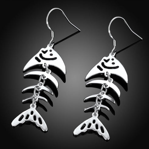 Sterling Silver Plated Earrings Drop Dangle Fish Hook Fish Bones .68" L383...
