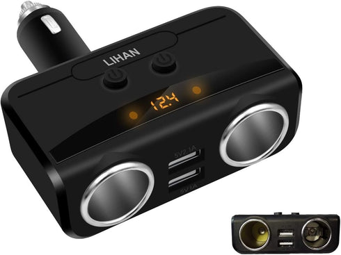 LIHAN 2 Socket Cigarette Lighter Adapter, Car Charger Plug Splitter with Dual USB Ports, 12V/24V Meter Monitor, Compatible with iPhone, LG, HTC, S...