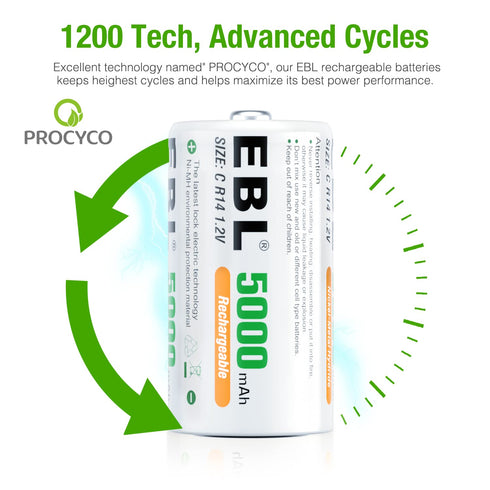 EBL Rechargeable C Batteries, 5000mAh Ni-MH High Capacity C Cell Battery New Retail Package, Pack of 4...