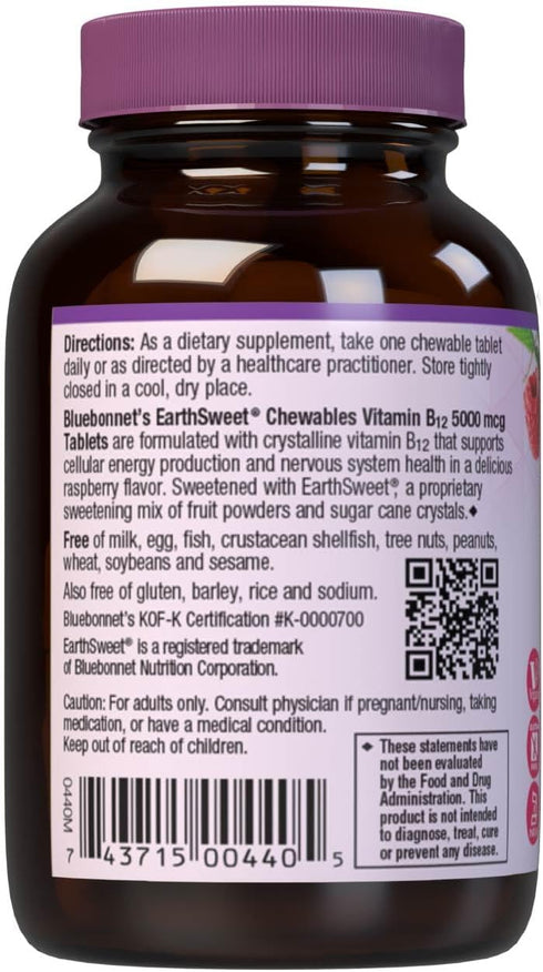Bluebonnet Nutrition Earth Sweet Vitamin B12 5000 mcg Chewable Tablets, Soy-Free, Gluten-Free, Kosher Certified, Dairy-Free, Vegan, Raspberry Flav...