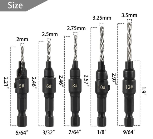 5pcs Wood Countersink Drill Bit Set Hex Shank Quick Change Counter Sinker Pre Hole Drill Bit Set Screw Counterbore Bit Pilot Bit Set #5, #6, #8, #...