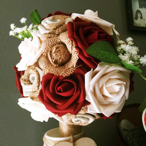 Artificial Flowers 25pcs Real Looking Burgundy Foam Fake Roses with Stems for DIY Wedding Bouquets White Bridal Shower Centerpieces Arrangements M...
