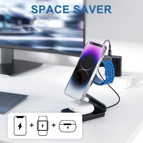 3 in 1 Wireless Charger Stand Aluminum Alloy Mag - Safe Wireless Charging Station Compatible with iPhone 15/14/13/12 Series iWatch AirPods Multipl...