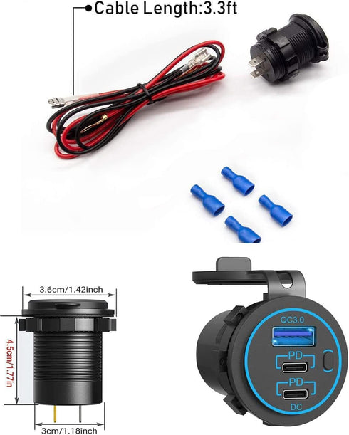 12V USB C Outlet, Two USB-C PD 20W Power Socket and 18W QC3.0 Socket Waterproof Power Outlet 12V/24V with Power Switch for Car Golf Cart Boat Mari...