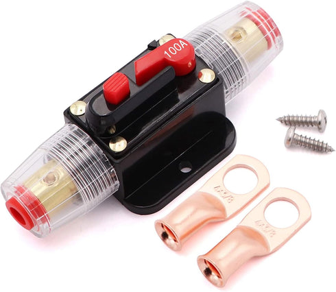 100A Audio Inline Circuit Breaker 12V, Auto Fuse Holder 100 Amp with Manual Reset for Car Audio RV Home Marine Boat Truck, with Tubular Ring Termi...