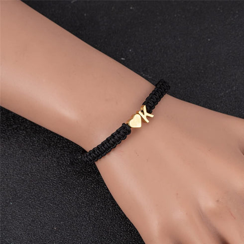 Initial Heart Bracelet, 18K Gold Plated Stainless Steel Tiny Heart Letter Black String Name Bracelets for Women Men Handmade Minimalist Jewelry Ma...
