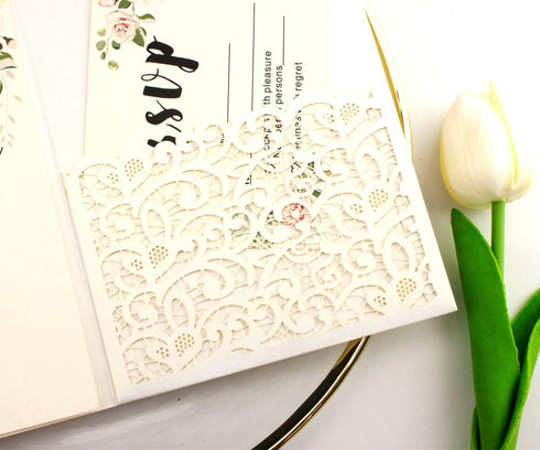 25pcs 5"x7.28" Ivory Vintage Tri Fold Wedding Invitations Cards pocket Pearl Paper Laser Cut Hollow Carving Greeting invites Covers only no envelo...