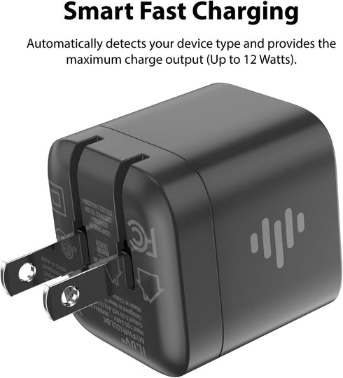 iLuv MYPOWER10 Black USB Wall Charger 12 Watt Type-A Fast Charging Foldable Power Adapter; Compatible with iPhone 13, iPhone 12, iPad Pro, Galaxy ...
