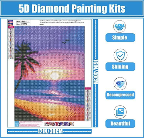 QUITEDEW Beach Diamond Painting, Landscape Diamond Art Kits for Adults, Diamond Painting Sunset Kits for Home Wall Decor 12x16 Inch...