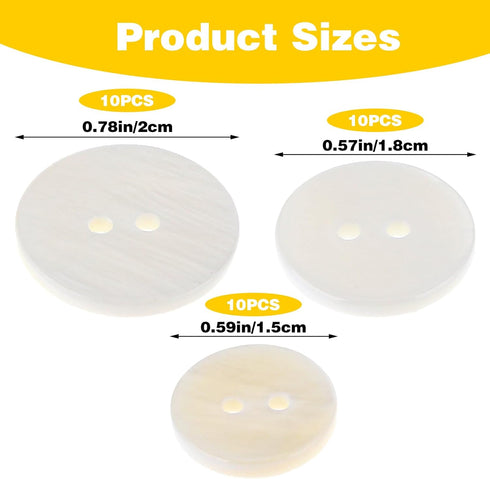 30 Pcs Mother of Pearl Buttons 15mm/18mm/20mm White Genuine Mother of Pearl Buttons Set 2 Holes Bulk Natural Mop Pearl Shell Buttons for Shirt Swe...