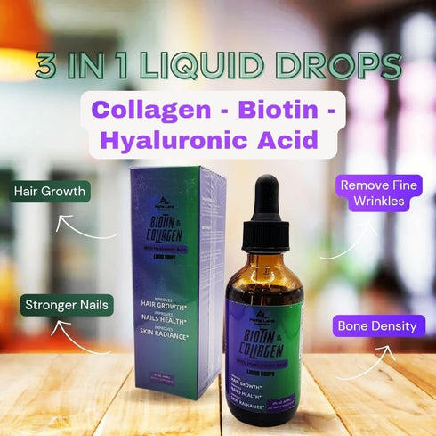 Liquid Collagen - Hyaluronic Acid, Biotin -Skin Hydration, Hair Growth, Nail Strength - Anti-Aging Beauty Serum Supplement - Drop form...