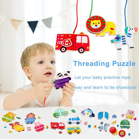 Promise Babe 5 Pack Lacing Cards Wooden Cars Block Puzzle Threading Toys Montessori Toy Sewing Cards for Toddler Educational Preschool Toys…...