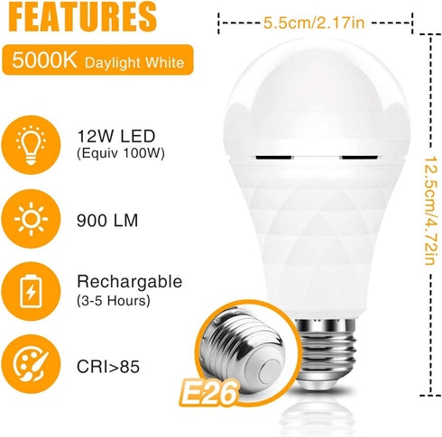 A19 Rechargeable Light Bulbs, Emergency Light Bulbs for Power Failure, LED Bulb 80 Watt Equivalent,12W 5000K Daylight 1200mAh Battery Backup Light...