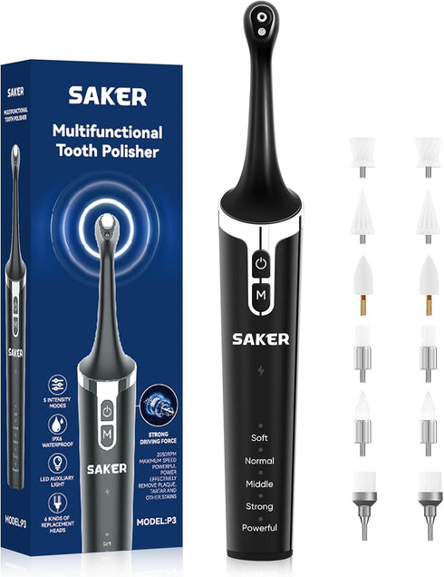 Saker Tooth Polisher, 2 Set Replacement Polishing Brush Heads(12pcs) included, Rechargeable Tooth Polishing Kit, Dental Teeth Polisher with LED Li...