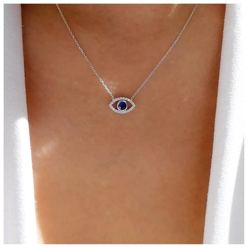 Bohemian Sapphire Evil Eye Pendant Necklace Silver Crystal Eye Necklace Chain Blue Cz Devil Eye Choker Necklace Paved rhinestone Demon Eye Necklac...