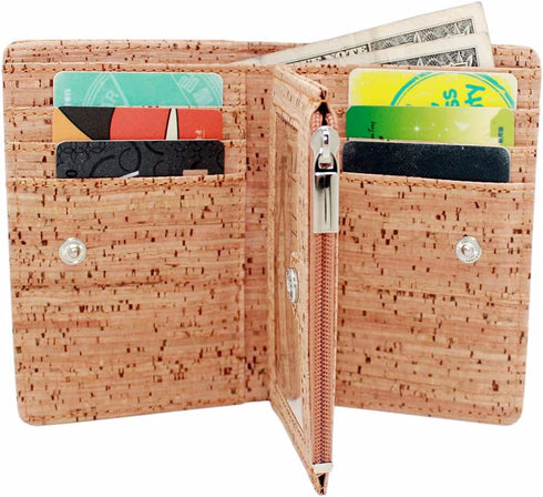 Eco Cork Friendly RFID Blocking Wallet Bi-fold Card Holder Vertical Wallet With Zippered Coin Purse & ID Window...