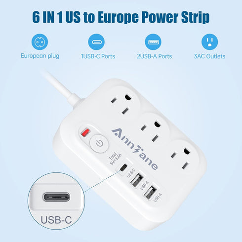 European Travel Plug Adapter with 4FT Extension Cord, (Not for UK) US to European International Plug Adapter Travel Essentials France Germany Gree...
