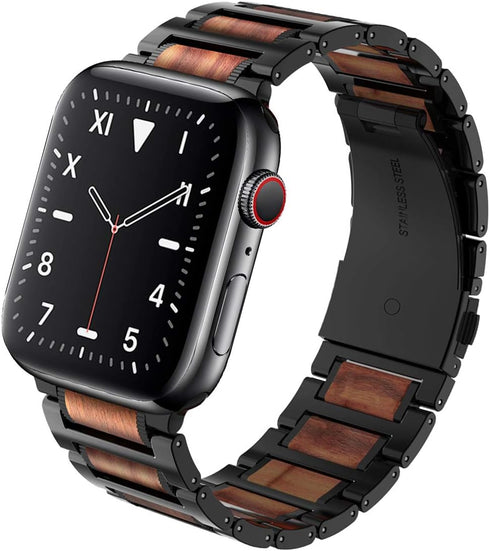 Wolait Compatible with Apple Watch Band ultra 2 49mm 46mm 45mm 44mm 42mm, Natural Wood Red Sandalwood with Stainless Steel Metal Link band for iWa...