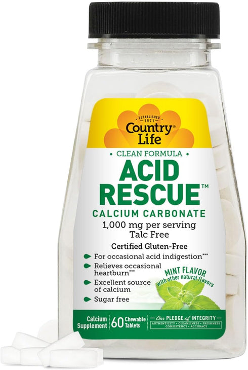 Country Life Acid Rescue Chewable Tablets - Certified Vegan & Gluten-Free Heartburn Relief, 400mg Calcium & Magnesium, Non-GMO, Sugar-Free Mint Fl...