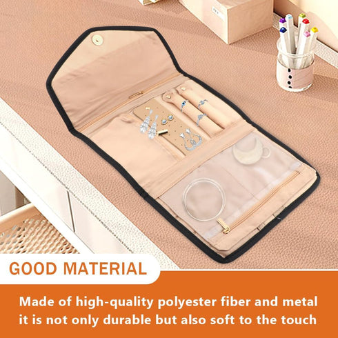 Jewelry Travel Organizer Roll with Multiple Compartments and Pockets Foldable Jewelry Storage Roll for Earrings, Necklaces, Rings, Bracelets, Broo...