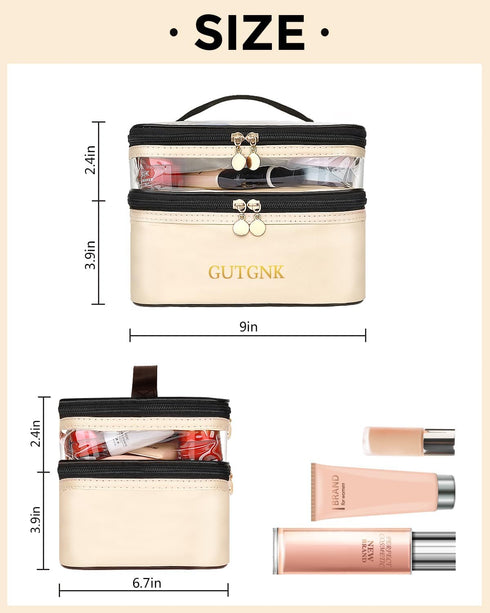 Cosmetic Bags for Women Clear Leather Double Layer Makeup Bag - Large Travel Skincare Bag For Travel Organizer Toiletry Bag - Beige...
