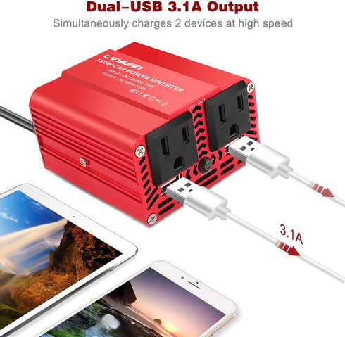 LVYUAN 150W Car Power Inverter 12V to 110V AC Car Charger Adapter with 3.1A Dual USB Car Adapter for Plug Outlet Red......