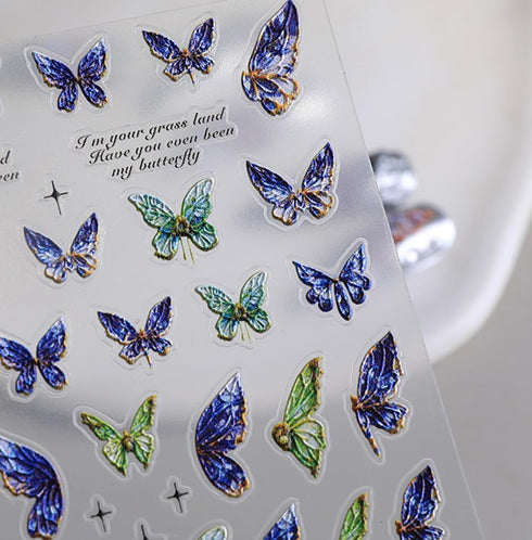 Butterfly Nail Art Stickers Decals 5D Embossed Butterfly Nail Decals Acrylic Engraved Design Nail Stickers Blue and Green Butterfly Self-Adhesive ...
