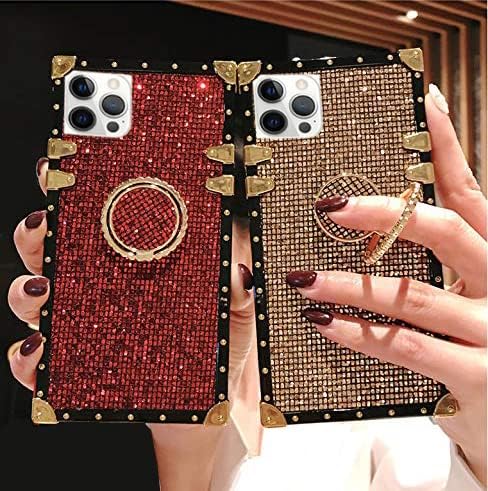 A13 for Samsung Galaxy A13 5G Bling Case,Luxury Bling Glitter Sparkle Cute Gold Square Corner Soft Trunk Cover with Finger Ring Grip Kickstand Pho...