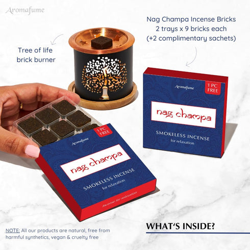 Nag Champa Incense Bricks (2 x 9 Bricks) & Tree of Life Exotic Incense Burner by Aromafume | Made with Sandalwood, Jasmine, Ylang Ylang & Champa F...