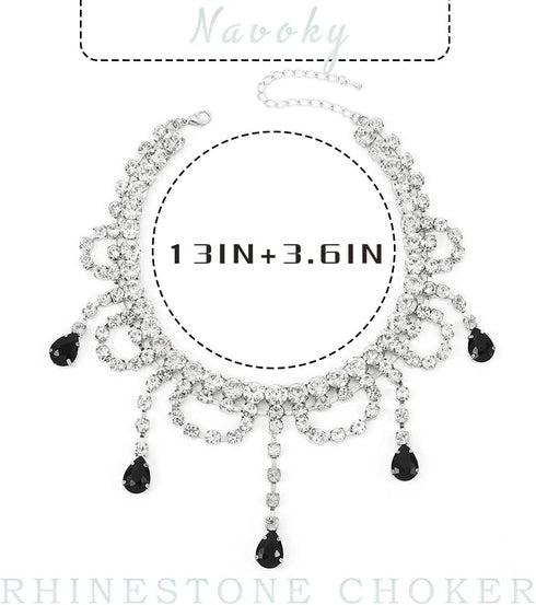 Navoky Rhinestone Choker Black Big Crystal Necklace Silver Neck Chain Tassel Party Jewelry for Women(A)...
