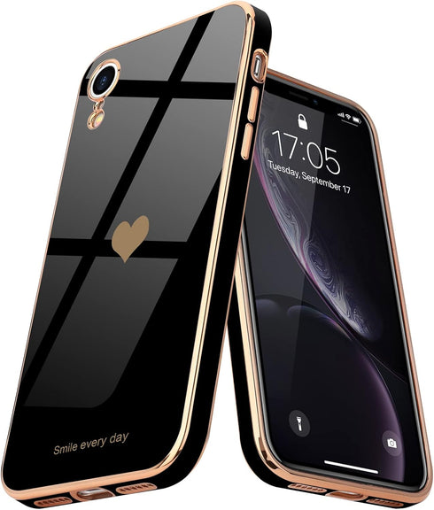 Teageo Compatible with iPhone Xr Case for Women Girl Cute Love-Heart Luxury Bling Plating Soft Back Cover Raised Full Camera Protection Bumper Sil...