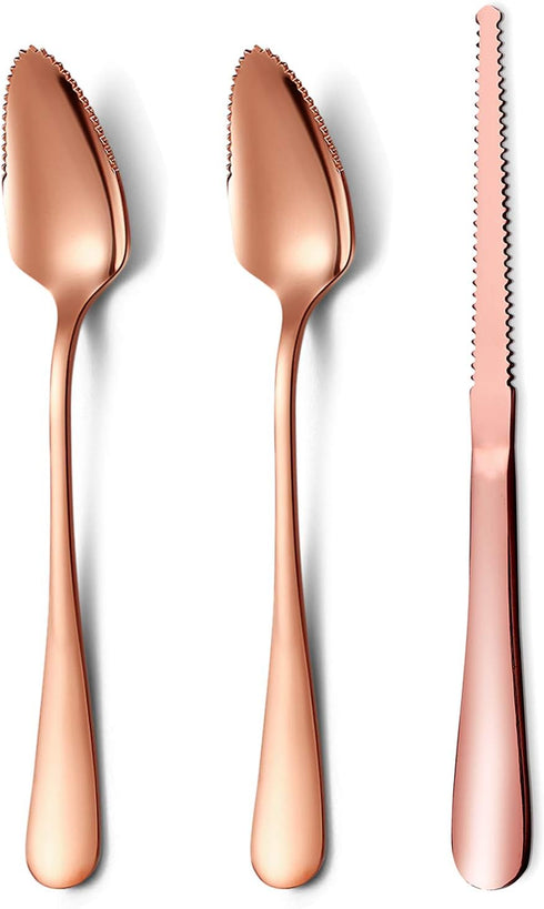 HOMQUEN Rose Gold Grapefruit Spoons 3 Pieces Set, 2 Stainless Steel Grapefruit Spoon and 1 Grapefruit Knife with Titanium Plating, Grapefruit Uten...