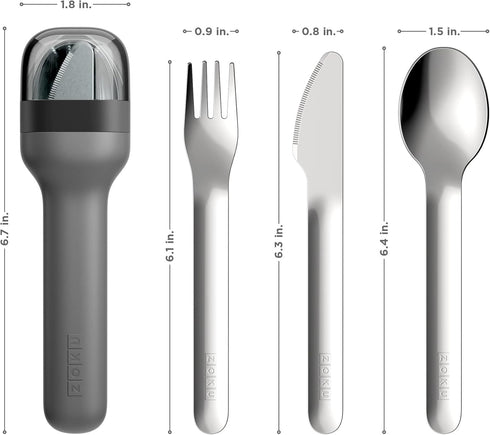ZOKU Pocket Utensil Set, Charcoal - Stainless Steel Fork, Knife, and Spoon Nest in Hygienic Case - Portable Design for Travel, School, Work, Picni...