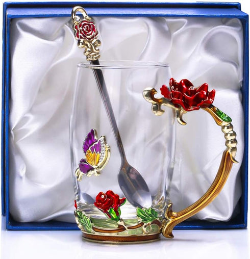 Kaiyuan Dynasty Tea Cup Glass Coffee Mugs Enamel Rose Flower Butterfly Drinking Cups with Spoon Set for Birthday Wedding Red Rose Tall Mug 12oz...