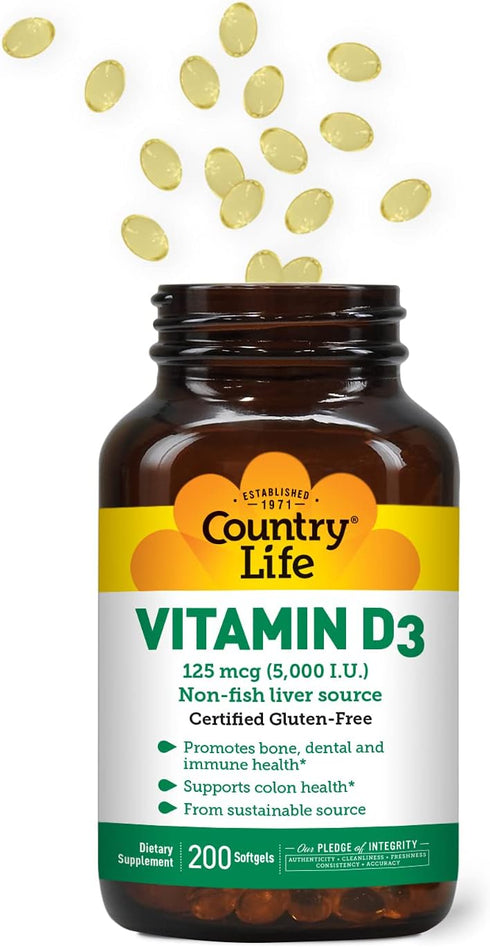 Country Life Vitamin D3 5000 IU for Immune and Bone Health, Calcium Absorption, and Colon Health - Sustainable Source from Lanolin, Available in V...
