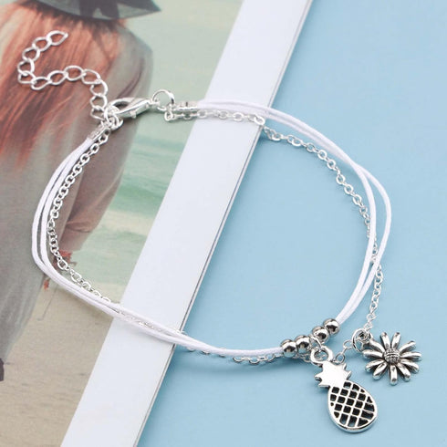 Boho Flower Ankle Bracelet White Hemp Rope Layered Anklets Flower Drop Anklet Bracelet Layered Pineapple Anklet Foot Chain Jewelry for Women...