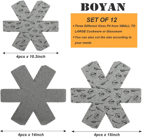 BOYAN Pot and Pan Protectors, Set of 12 and 3 Different Size, Cookware Protector Set/Felt Pots and Pans Divider Separator Pads Anti-Slip to Avoid ...