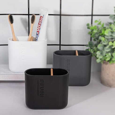 Toothbrush Holders Bamboo Electric Toothbrush Holder Bathroom Storage Organizer Countertop for Toothpaste, Floss, Razor, White...