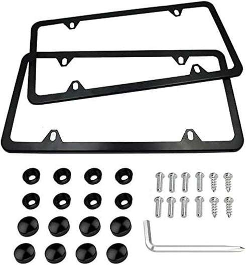 Indeed BUY License Plate Frames Black, 2 Pcs 4 Holes Car Licenses Plate Covers Stainless Steel Holders Frame for Plates with Screw Caps....