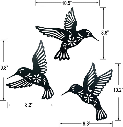 VividLadybug Metal hummingbird wall art decor, 9inch set of 3 black Concise Decoration Hanging for living room bedroom bathroom Kitchen Patio Balc...