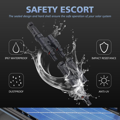 4 PCS Solar Branch Connectors 1500V DC,IP67 Waterproof T Connector for Parallel Connection Between Solar Panels FMM+MFF (2Pairs)...