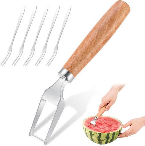 Watermelon Slicer Cuts Watermelons into Cubes, Stainless Steel Melon Cutter with Wooden Handle, Watermelon Cutting Tool Fruit Cutter with 5 Fruit ...