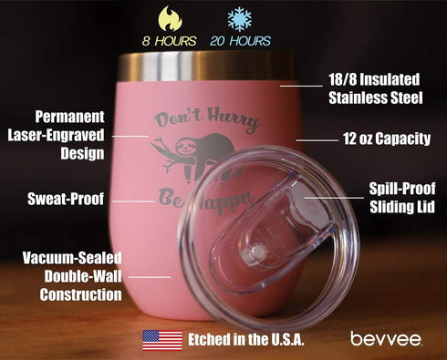 Don't Hurry Be Happy - Sloth Wine Tumbler with Sliding Lid - Stemless Stainless Steel Insulated Cup - Cute Funny Outdoor Camping Gift - Pink...