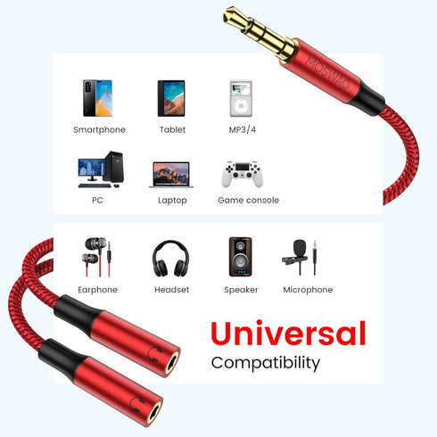 MOSWAG Earphone Splitter Headphone Splitter Adapter, 3.5mm Male to Audio Microphone Y Splitter Cable, 2 Dual 3.5mm Female Audio for iPhone Samsung...
