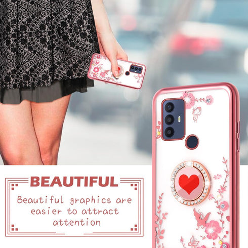 for TCL 30 SE Case (6.52-inch) Girls Women Cute Butterfly Red Heart Clear Soft Silicone Phone Case with Ring Stand Strap Lanyard Shockproof Protec...