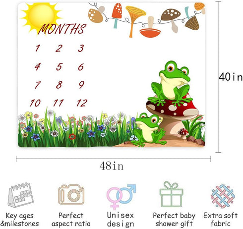 Frog Baby Monthly Milestone Blanket, 48x40in Cartoon Animal Plants Sun Mushroom Green Grass Blanket Soft Flannel for Unisex Newborn Baby Shower, B...