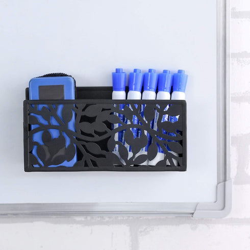 MyGift Black Metal Magnetic Dry Erase Marker Holder for Whiteboard Markers and Accessories Storage Basket Organizer with Floral Cutout Design...