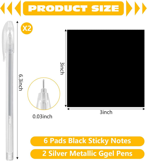 Black Sticky Notes, 3"x3" Post It Notes with 2 Metallic Pens, 6 Pads, Self-Stick Notes Pads Sticky Notes Bulk for School Home Hospital Office Supp...